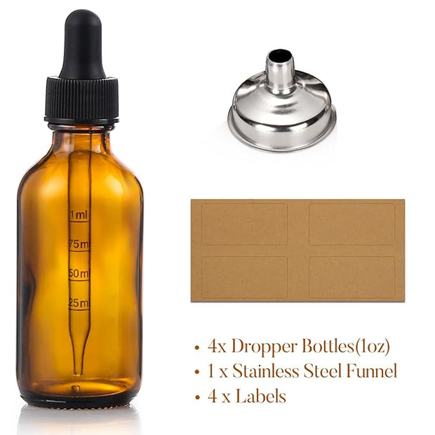 4 Pack 1 oz Glass Dropper Bottles with Measured Dropper - 30ml Dark Amber Tincture Bottles with Graduated Calibrated Glass Eye Droppers (1ml) for Essential Oils, Liquids - Leakproof Travel Bottles