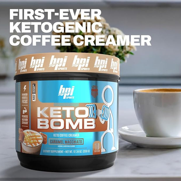 BPI Sports Keto Bomb Coffee Creamer - Supports Energy and Hydration - MCT and Electrolytes - with Calcium - Caramel Macchiato, 18 Servings