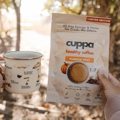 Cuppa Healthy Mushroom Insant Coffee with Lion's Mane & Ashwagandha for All Day Energy & Focus - No Crash or Jitters - Nootropics for Brain Health, Gut Health, Immunity, Stress, Memory + Mood (30 Servings, Pumpkin Spice)