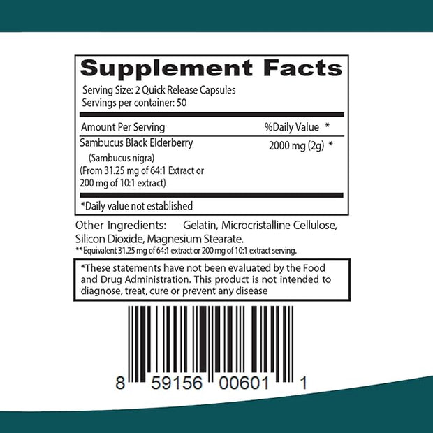 ELP ESSENTIAL Black Elderberry Capsules 2000mg 100 Count