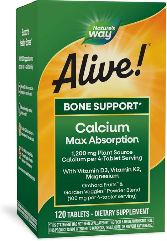 Nature's Way Alive! Calcium Max Absorption, D3 & K2, Magnesium, 120 Tablets