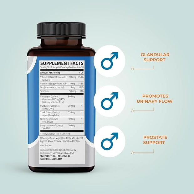 LifeSeasons Prostate Support Supplement - Saw Palmetto, Phytosterol, Zinc, Nettle, Vitamin D-3 & B6 - Promote Healthy Prostate Function & Normal Urinary Flow - Improve Tissue - 60 Softgels (Pack of 2)