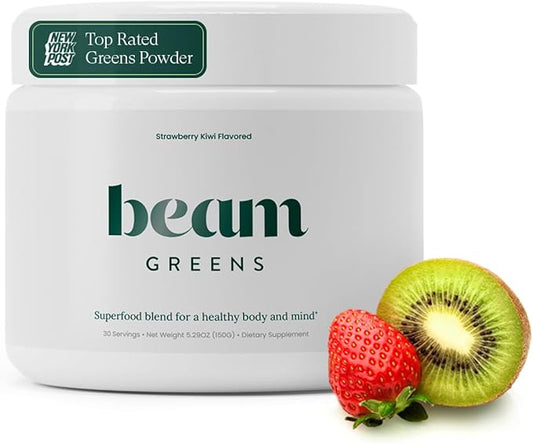 Beam Greens Powder, Greens Superfood Powder, Greens Supplement for Gut Health, Vegan, Non GMO Organic Greens Blend, Daily Greens with Ashwagandha, Vitamin C, B12, B6, D, Strawberry Kiwi, 30 Servings