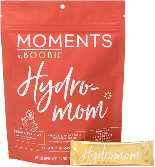 Boobie Hydromom Superfood Electrolyte Drink Mix, Strawberry Kiwi | Refreshing Energy & Hydration Boost for Mamas | On-The-Go & Travel Essentials for Pregnancy, Lactation, & Beyond, 15 Packets