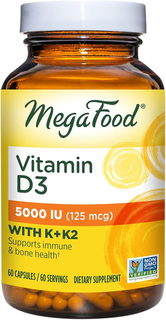 MegaFood Vitamin D3 5000 IU (125 mcg) D3 K2, K2, Supports 60 Mini 60 Servings