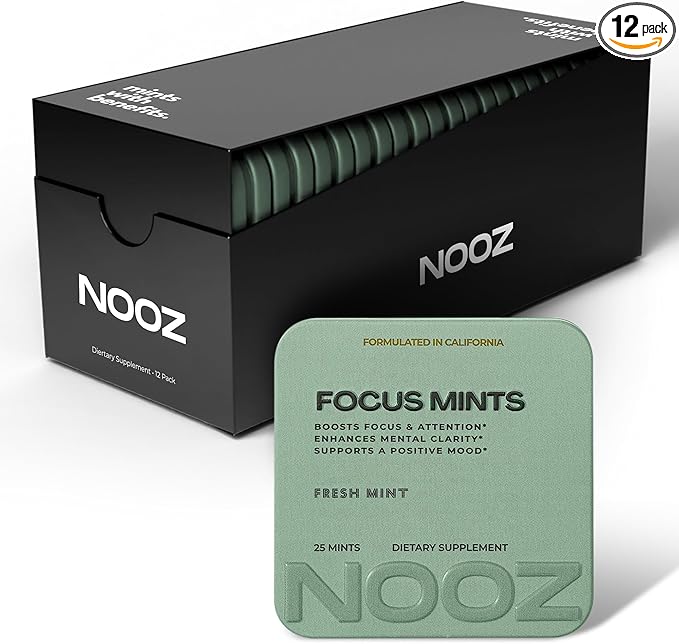 NOOZ Focus Mints 12-Pack - Caffeine-Free Brain Booster for Mental Clarity - Fresh Mint Flavor | Sugar-Free, Travel-Friendly Supplement with Vitamins C, B6, B12 - Non-GMO, Clean Label, 300 Mints