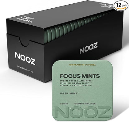 NOOZ Focus Mints 12-Pack - Caffeine-Free Brain Booster for Mental Clarity - Fresh Mint Flavor | Sugar-Free, Travel-Friendly Supplement with Vitamins C, B6, B12 - Non-GMO, Clean Label, 300 Mints