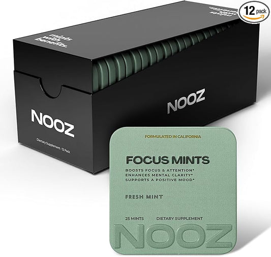 NOOZ Focus Mints 12-Pack - Caffeine-Free Brain Booster for Mental Clarity - Fresh Mint Flavor | Sugar-Free, Travel-Friendly Supplement with Vitamins C, B6, B12 - Non-GMO, Clean Label, 300 Mints