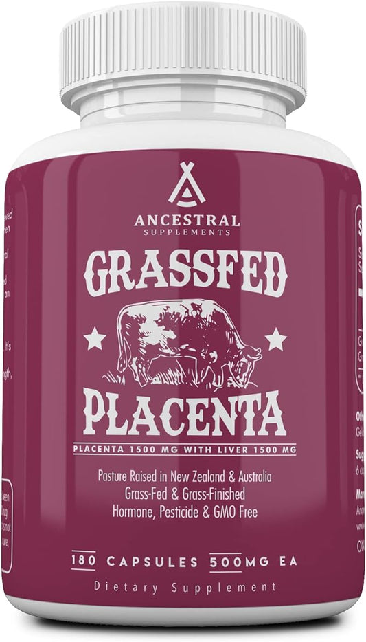 Ancestral Supplements Grass Fed Placenta Supplement with Liver, Contains Postpartum Vitamins for Women Breastfeeding, Promotes Menopause Relief, Stem Cells Support Skin Elasticity, 180 Capsules
