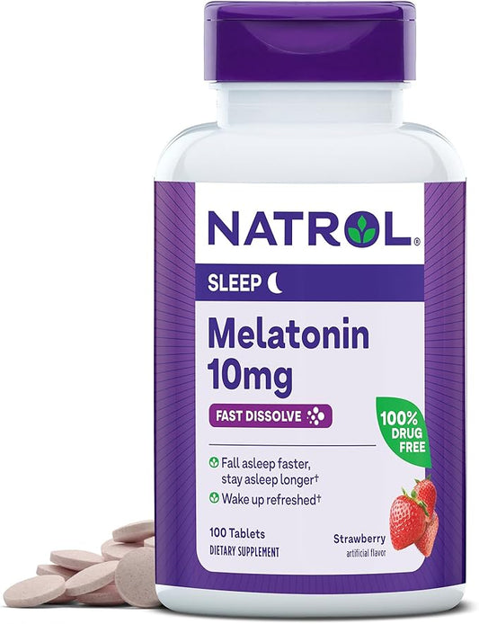 Natrol Fast Dissolve Melatonin 10 mg, Melatonin Supplements for Restful Sleep, Sleep Support for Adults, 100 Strawberry-Flavored Tablets, Up to a 100 Day Supply