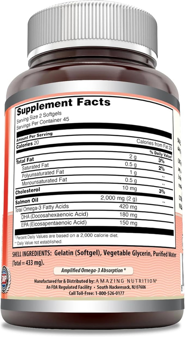 Amazing Omega Wild Alaskan Salmon Oil 2000mg Per Serving Softgels Supplement (90)