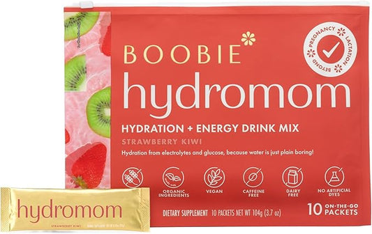 Boobie Hydromom Superfood Electrolyte Drink Mix, Strawberry Kiwi | Refreshing Energy & Hydration Boost for Mamas | On-The-Go & Travel Essentials for Pregnancy, Lactation, & Beyond, 10 Packets