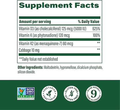 MegaFood Vitamin D3 5000 IU (125 mcg) D3 K2, K2, Supports 120 Mini 120 Servings