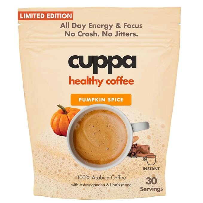 Cuppa Healthy Mushroom Insant Coffee with Lion's Mane & Ashwagandha for All Day Energy & Focus - No Crash or Jitters - Nootropics for Brain Health, Gut Health, Immunity, Stress, Memory + Mood (30 Servings, Pumpkin Spice)