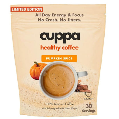 Cuppa Healthy Mushroom Insant Coffee with Lion's Mane & Ashwagandha for All Day Energy & Focus - No Crash or Jitters - Nootropics for Brain Health, Gut Health, Immunity, Stress, Memory + Mood (30 Servings, Pumpkin Spice)
