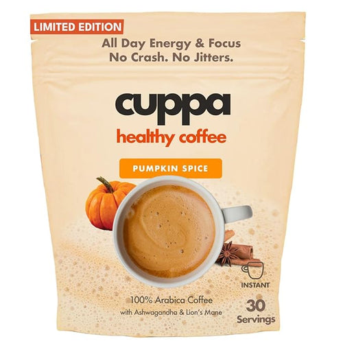 Cuppa Healthy Mushroom Insant Coffee with Lion's Mane & Ashwagandha for All Day Energy & Focus - No Crash or Jitters - Nootropics for Brain Health, Gut Health, Immunity, Stress, Memory + Mood (30 Servings, Pumpkin Spice)