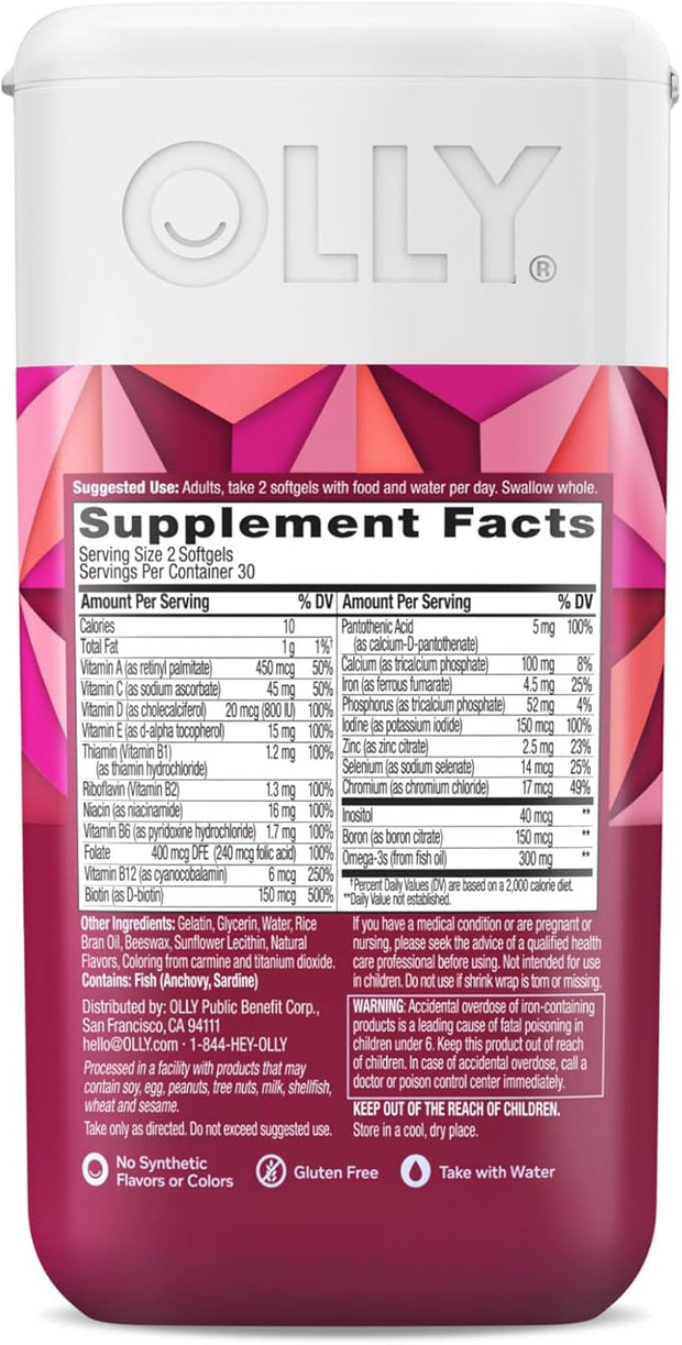 OLLY Ultra Women's Multi Softgels, Overall Omega-3s, Iron, B12, Daily 30 Day 60 Count