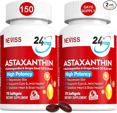 Astaxanthin Supplements 24mg, 5 Month Supply - Coconut MCT Oil, Fresh Microalgae Source w/Grape Seed Oil, Ashwagandha - Antioxidants for Healthy Skin, Eyes, Jints, Non-GMO & Gluten Free, 150 Softgels