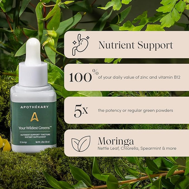 Apothékary Your Wildest Greens Tincture, All-in-One Daily Greens Superfood Supplement, Vitamin & Mineral Support, 5X Potency of Greens Powders, Sugar Free, Calorie Free, (15 Servings) 1.22oz