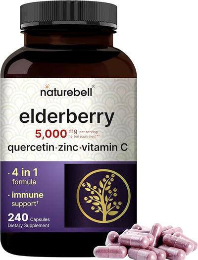 NatureBell Sambucus Elderberry Capsules, 5000mg Per 500mg, Vitamin 240 Count 4 in 1 Immune