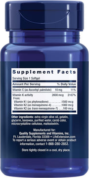 Life Extension Super K, vitamin K1, K2 mk-7, mk-7, vitamin K2 mk-4, mk-4, vitamin 3-month supply, 1 Daily, 90 softgels