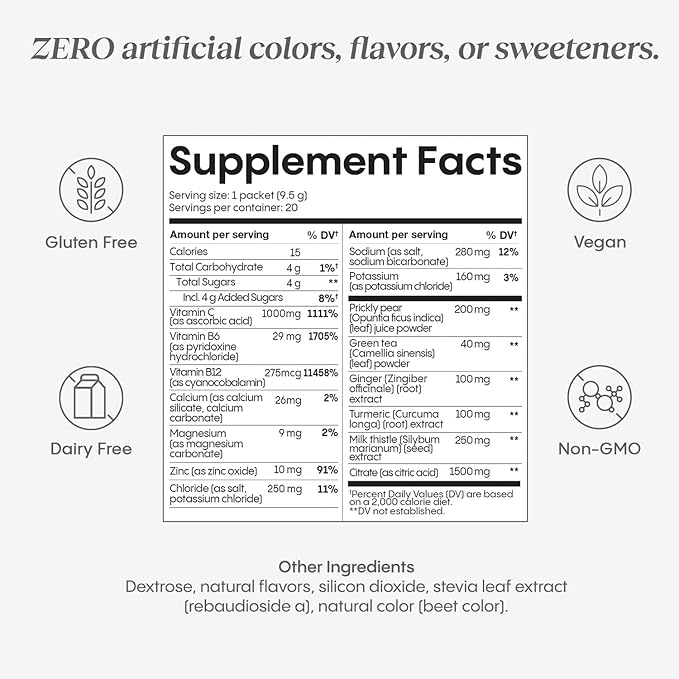 Hydralyte Liver Support + Electrolyte Mix with Milk Thistle, Turmeric, Ginger, Prickly Pear, Green Tea Extract Formulated for Rapid Rehydration (Pineapple Mango Ginger, 20 Packets)