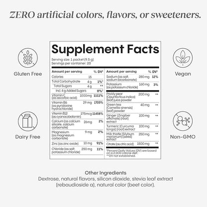 Hydralyte Liver Support + Electrolyte Mix with Milk Thistle, Turmeric, Ginger, Prickly Pear, Green Tea Extract Formulated for Rapid Rehydration (Pineapple Mango Ginger, 20 Packets)