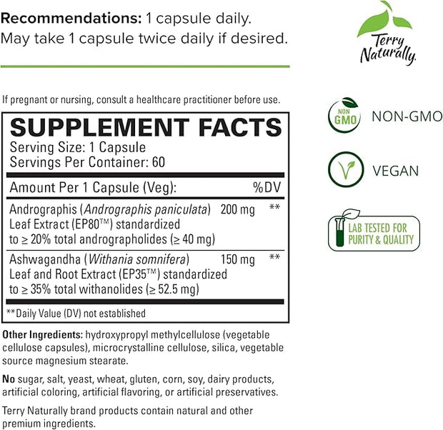 Terry Naturally Andrographis and Ashwagandha 60 Capsules 60 Servings