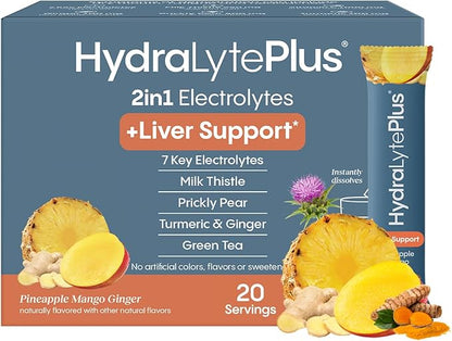 Hydralyte Liver Support + Electrolyte Mix with Milk Thistle, Turmeric, Ginger, Prickly Pear, Green Tea Extract Formulated for Rapid Rehydration (Pineapple Mango Ginger, 20 Packets)