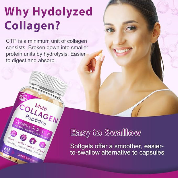 Multi Collagen Peptides Softgel - Type I, II, III, V, X - Hydrolyzed Collagen Peptides with Biotin, Vitamin C, Hyaluronic Acid, Supports Skin Hair Nail, Grass-Fed, Non-GMO, 60 Softgel, 1 Pack