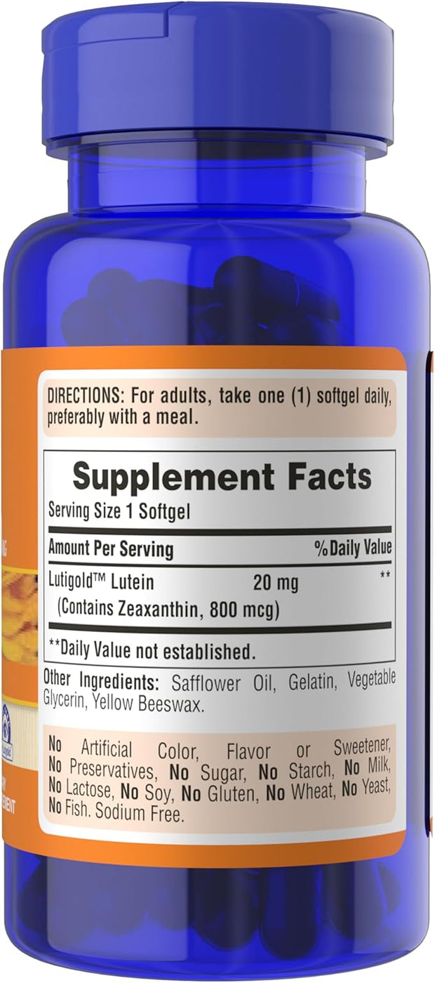 Puritan's Pride Lutein and Zeaxanthin Supplements for Eyes, Zeaxanthin 800mcg plus Lutein 20mg Once Daily Softgels, 240 Day Supply - 120 Count (Pack of 2) (Package May Vary)