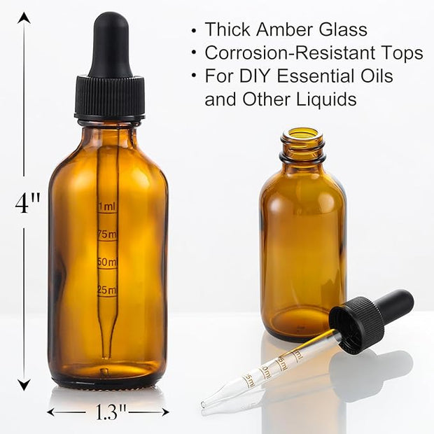 4 Pack 1 oz Glass Dropper Bottles with Measured Dropper - 30ml Dark Amber Tincture Bottles with Graduated Calibrated Glass Eye Droppers (1ml) for Essential Oils, Liquids - Leakproof Travel Bottles