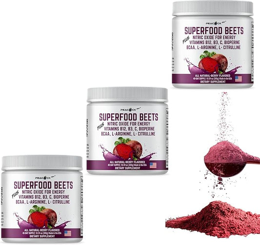 Beet Root Powder, 10.59 oz Pack of 3 - Berry Flavor Nitric Oxide Booster Superfood with Green Tea Extract, BCAA, L-Arginine, L-Citrulline for Heart Health & Circulation Support, Non-GMO