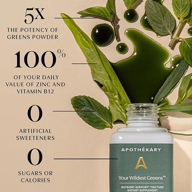 Apothékary Your Wildest Greens Tincture, All-in-One Daily Greens Superfood Supplement, Vitamin & Mineral Support, 5X Potency of Greens Powders, Sugar Free, Calorie Free, (15 Servings) 1.22oz