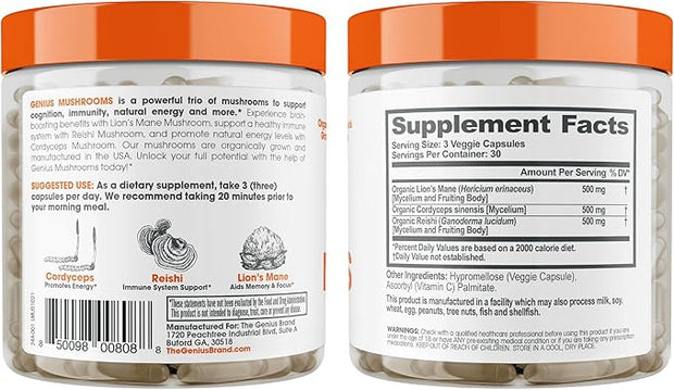 Genius Lions Mane Supplement Capsules 1200mg per 120 Veggie