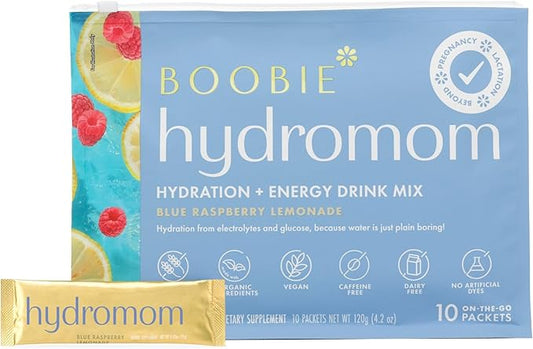 Boobie Hydromom Superfood Electrolyte Drink Mix, Blue Raspberry Lemonade | Refreshing Energy & Hydration Boost for Mamas | On-The-Go & Travel Essentials for Pregnancy, Lactation, & Beyond, 10 Packets