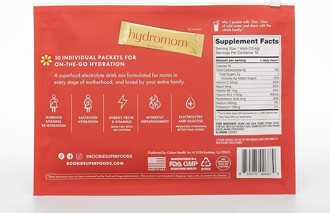 Boobie Hydromom Superfood Electrolyte Drink Mix, Strawberry Kiwi | Refreshing Energy & Hydration Boost for Mamas | On-The-Go & Travel Essentials for Pregnancy, Lactation, & Beyond, 10 Packets