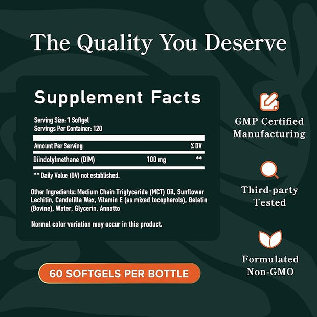 DIM Supplement 100 mg | Estrogen Balance for Women & Men | Diindolylmethane for Hormone Balance, Hormonal Acne, Menopause & Antioxidant Support | with MCT Oil & Vitamin E | Gentle Softgels | 120 Ct.