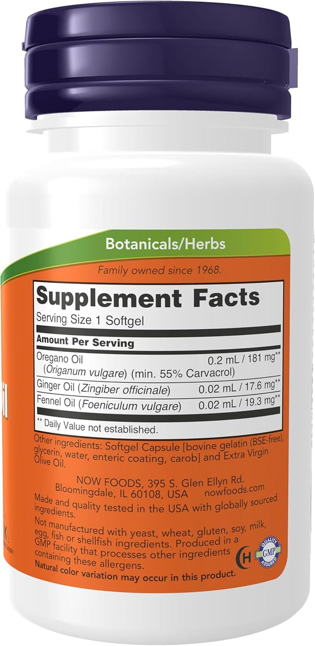 NOW Foods Supplements, Oregano Oil with Ginger and Fennel Oil, Enteric Coated, 90 Softgels