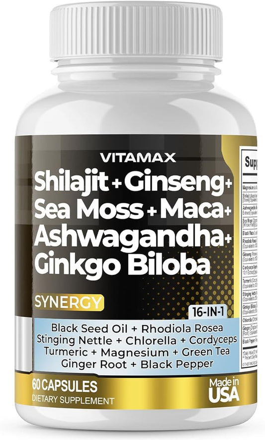 Pure Himalayan Shilajit Supplement 10,000mg Ashwagandha 6,000mg Sea 2,000mg Rhodiola 1000MG Gingko 500mg Trace (60 Count 1))