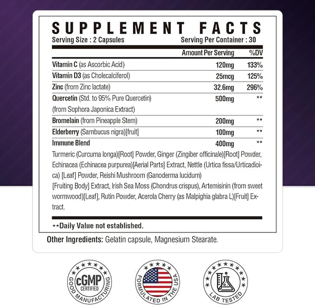 Quercetin with Bromelain, Quercetin 500mg Capsules, D3, Zinc 60 Capsules