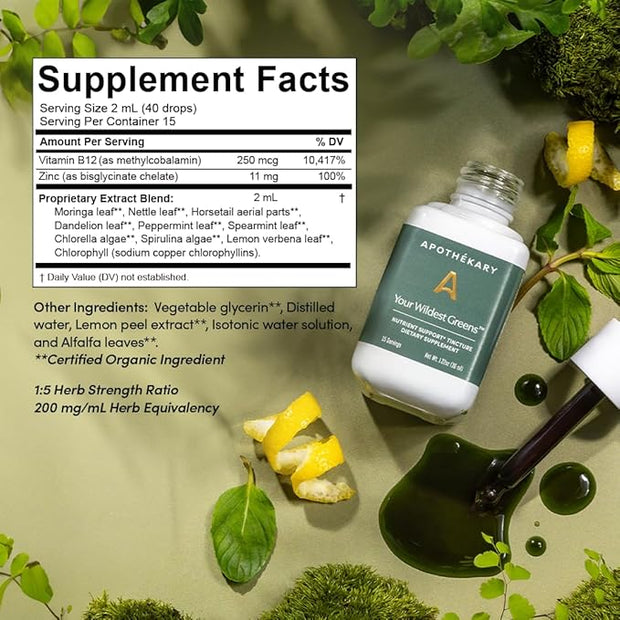 Apothékary Your Wildest Greens Tincture, All-in-One Daily Greens Superfood Supplement, Vitamin & Mineral Support, 5X Potency of Greens Powders, Sugar Free, Calorie Free, (15 Servings) 1.22oz