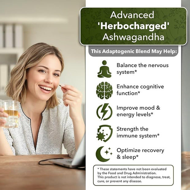 Adaptogen Supplement - Ashwagandha Complex Blend 5-in-1 with 3 Month (180 Capsules)