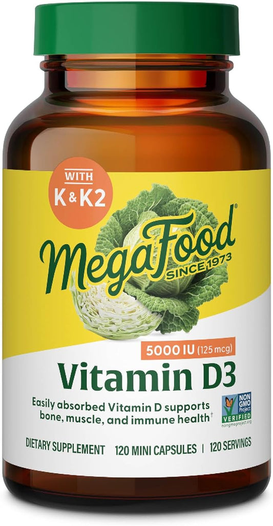 MegaFood Vitamin D3 5000 IU (125 mcg) D3 K2, K2, Supports 120 Mini 120 Servings