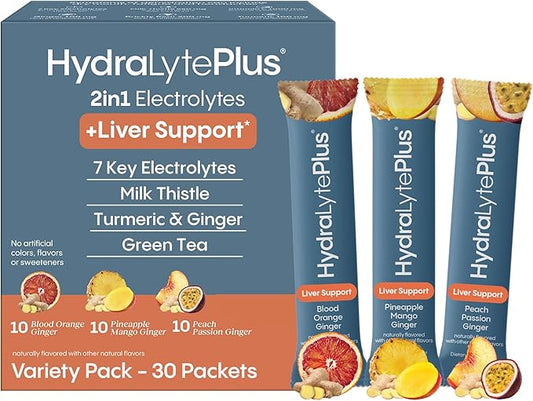 Hydralyte Liver Support + Electrolyte Mix with Milk Thistle, Turmeric, Ginger, Prickly Pear, Green Tea Extract Formulated for Rapid Rehydration (Variety Flavor, 30 Packets)
