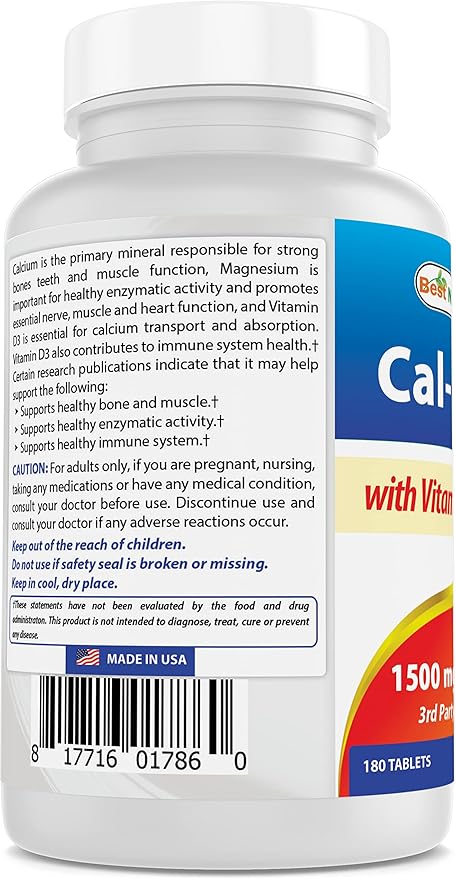 Best Naturals Calcium Magnesium with Vitamin D3 1500mg 1500mg Serving 180 Tablets (180 Count 2))
