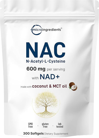 NAC 600mg with NAD+, 300 Coconut MCT Oil Softgels | N Acetyl L Cysteine & Nicotinamide Forms for Better Absorption | Antioxidant Supplement | Promotes Energy & Youthful Aging | Non-GMO