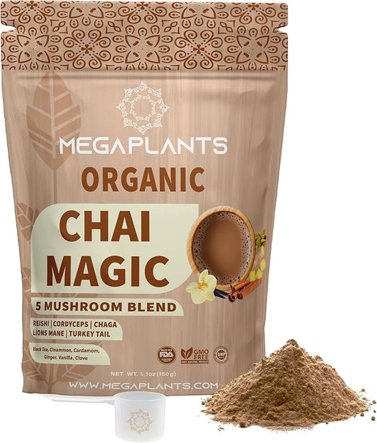 Chai Magic (50 Servings) | Superfood 5 Mushroom Powder Blend for Focus, Clarity & Energy + Spiced Masala Chai Blend | Smoothie, Coffee Alternative