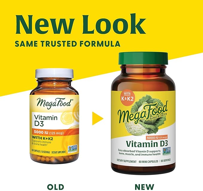 MegaFood Vitamin D3 5000 IU (125 mcg) D3 K2, K2, Supports 120 Mini 120 Servings