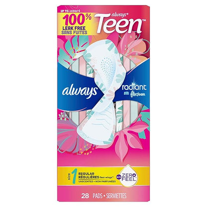 Always Radiant Teen Feminine Pads 1, Regular, 28 CT